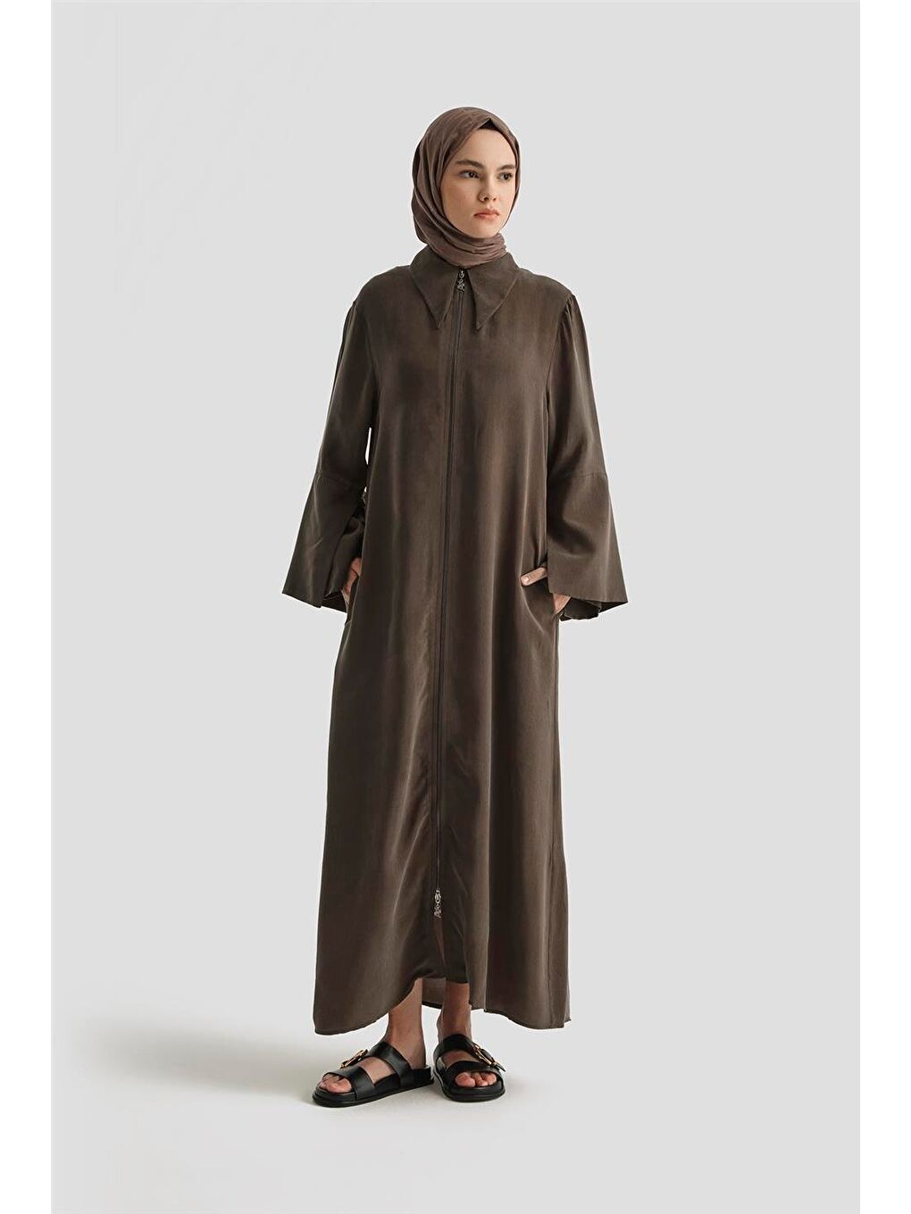 Kahverengi Çift Manşetli Ferace 25Y8306 Kakao-1