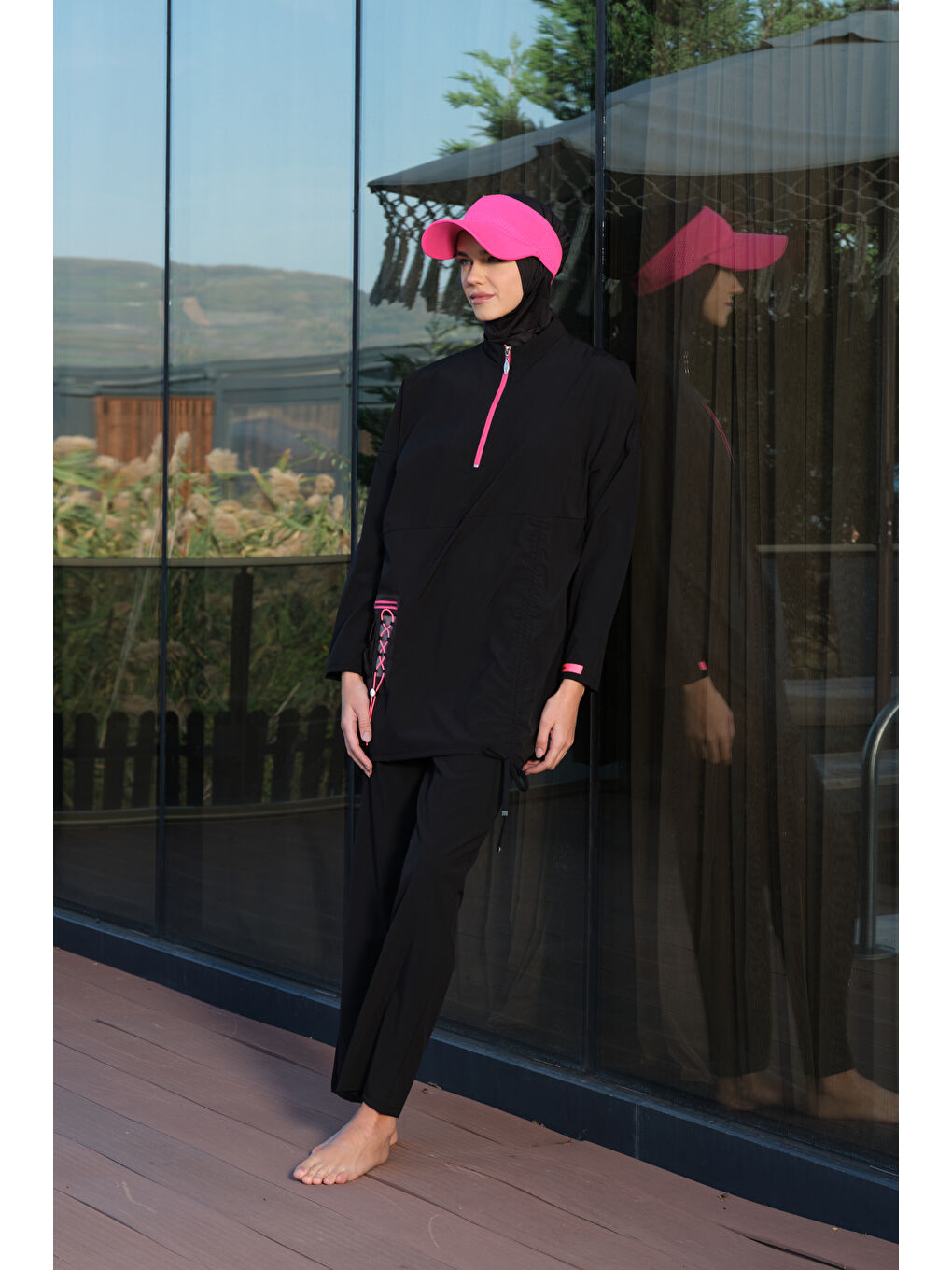 Siyah Kadın Fermuarlı Cepli Kapalı Dik Yaka Hızlı Kuruyan Tesettür Mayo-1