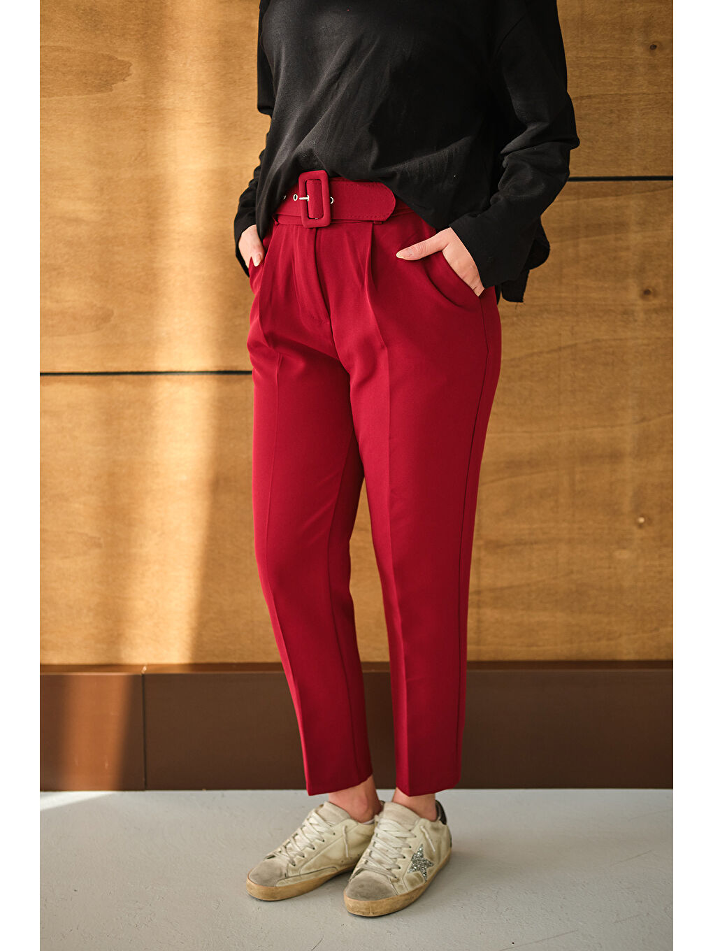 Kadın DUBLE KAPLAMA KEMERLI PANTOLON Bordo-1