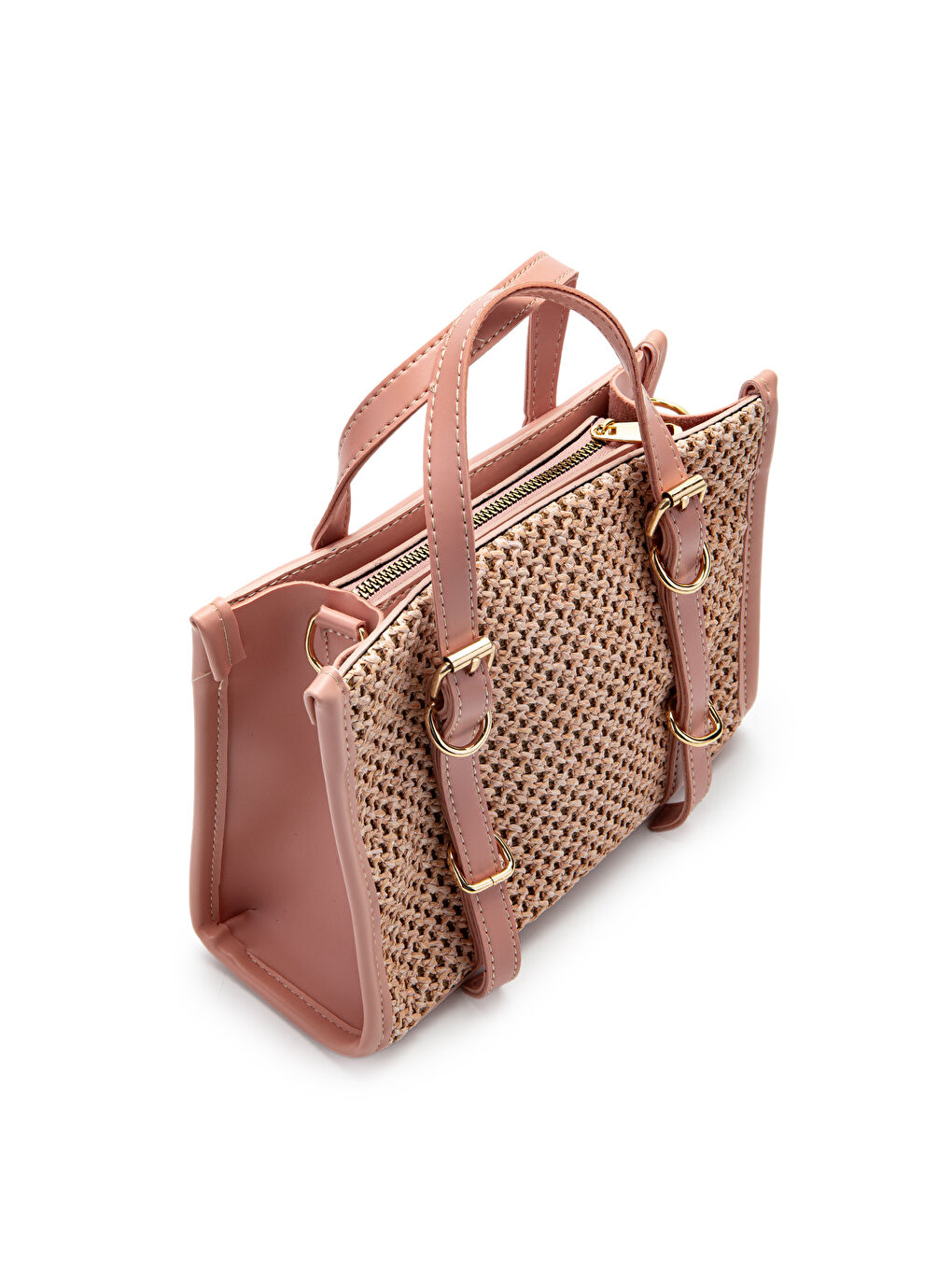 Pembe Kemer Detaylı Hasır Kadın Çapraz Çanta Dimitri Pudra-2