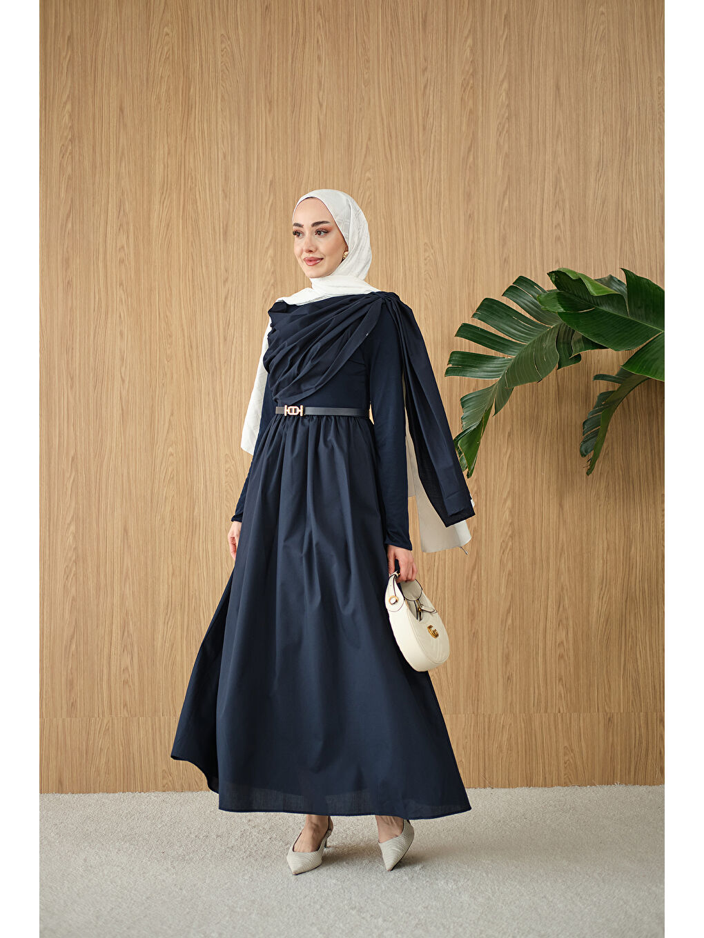 Kadın Şal Detaylı Kemerli Poplin Elbise Lacivert-3