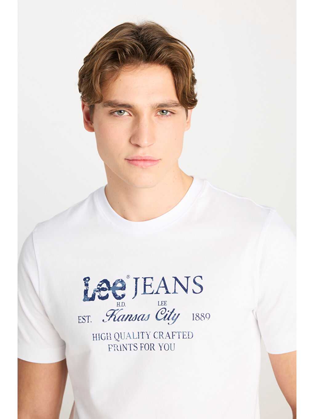 %100 Pamuk Regular Fit Normal Kesim Bisiklet Yaka Beyaz Baskılı Tişört-3