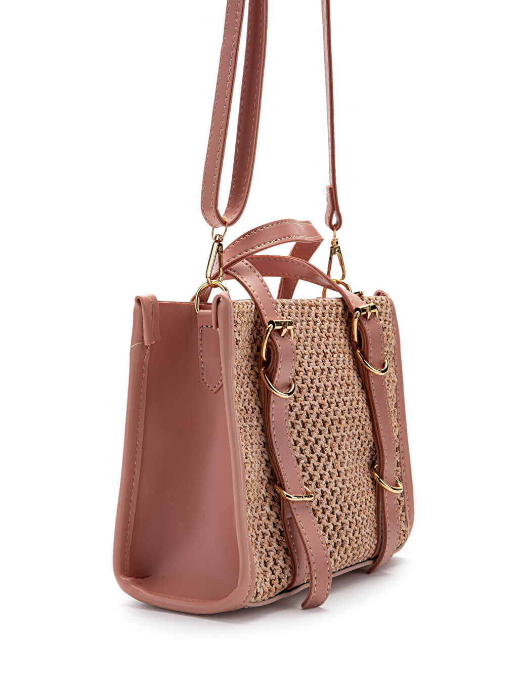 Pembe Kemer Detaylı Hasır Kadın Çapraz Çanta Dimitri Pudra-3