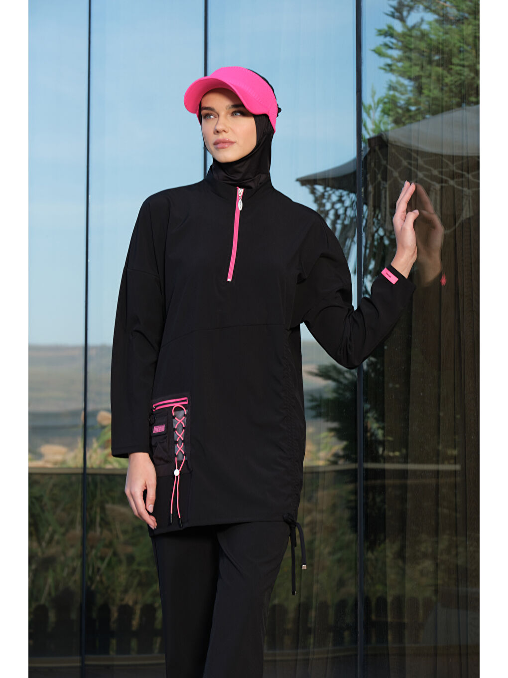 Siyah Kadın Fermuarlı Cepli Kapalı Dik Yaka Hızlı Kuruyan Tesettür Mayo-2