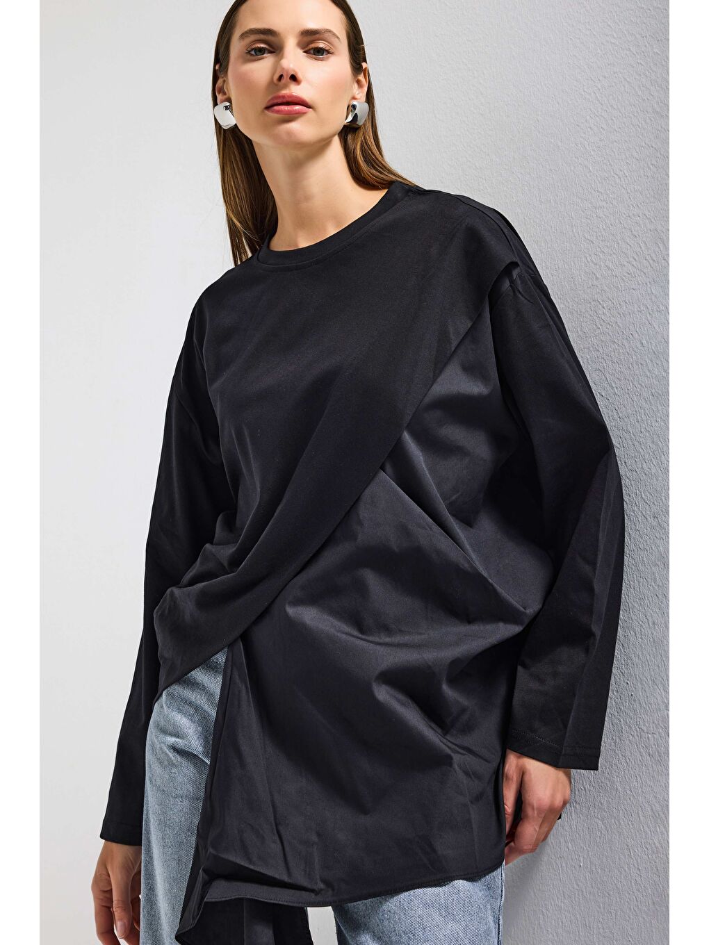 Kadın Siyah w5 Oversize Çift Parça Tasarım Gömlek Sweatshirt