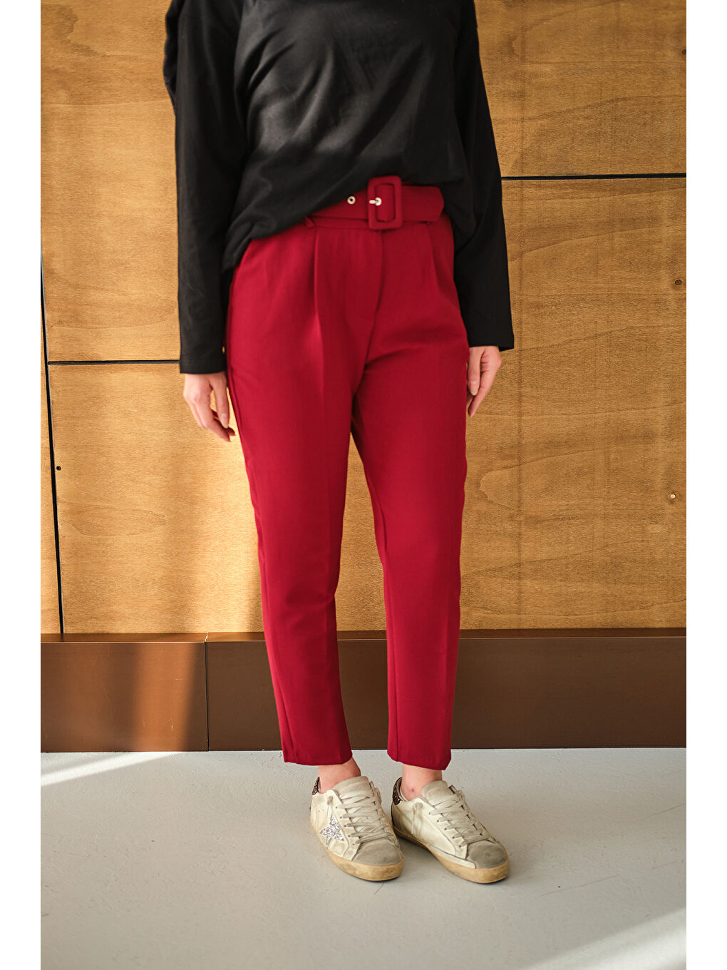 Kadın DUBLE KAPLAMA KEMERLI PANTOLON Bordo-2