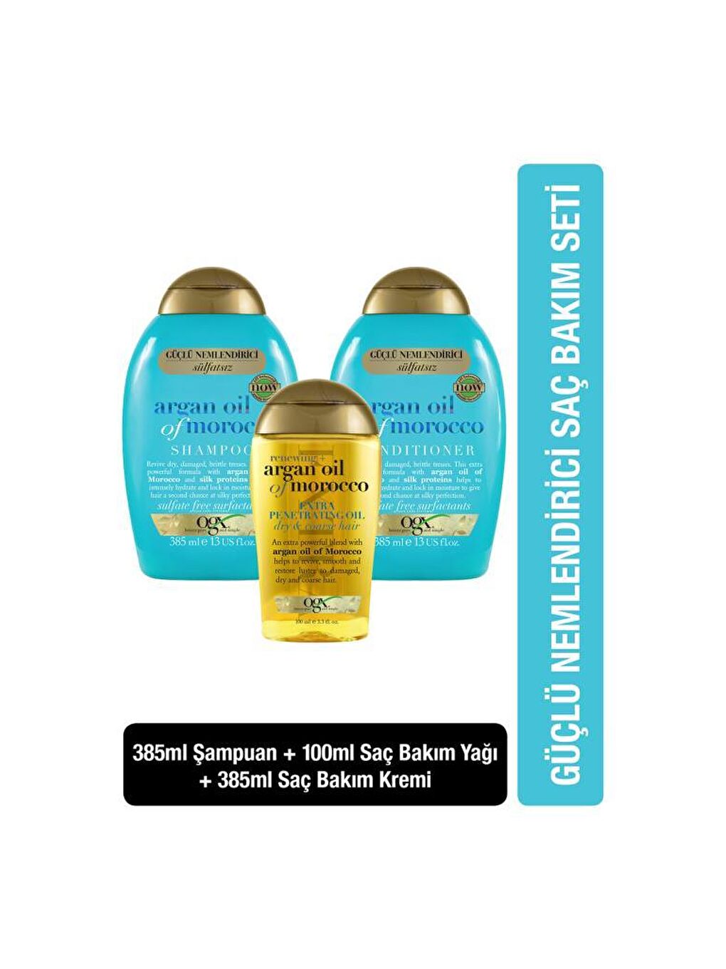 OGX Renksiz Nemlendirici ve Canlandırıcı Argan Oil of Morocco Sülfatsız Şampuan+Bakım Kremi 385ml+Yağ 100ml