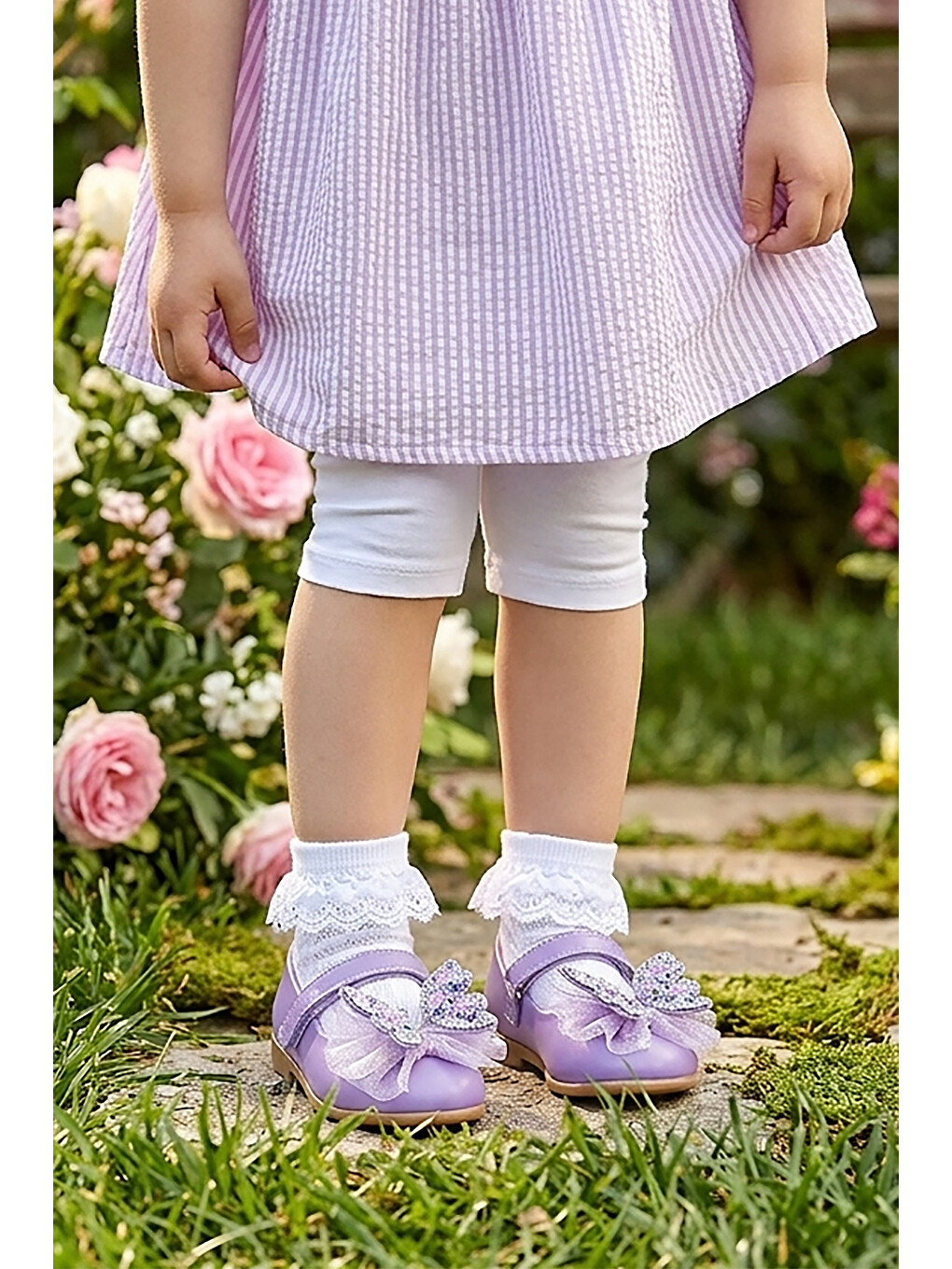 Lila Fly Cırtlı Kelebek Aksesuarlı Kız Bebek / Çocuk Babet Ayakkabı-2
