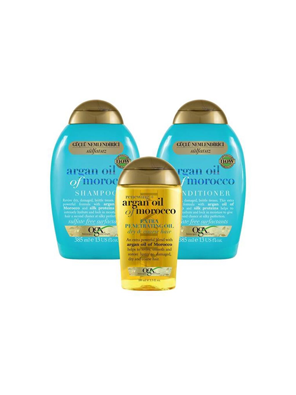 OGX Renksiz Nemlendirici ve Canlandırıcı Argan Oil of Morocco Sülfatsız Şampuan+Bakım Kremi 385ml+Yağ 100ml - 1