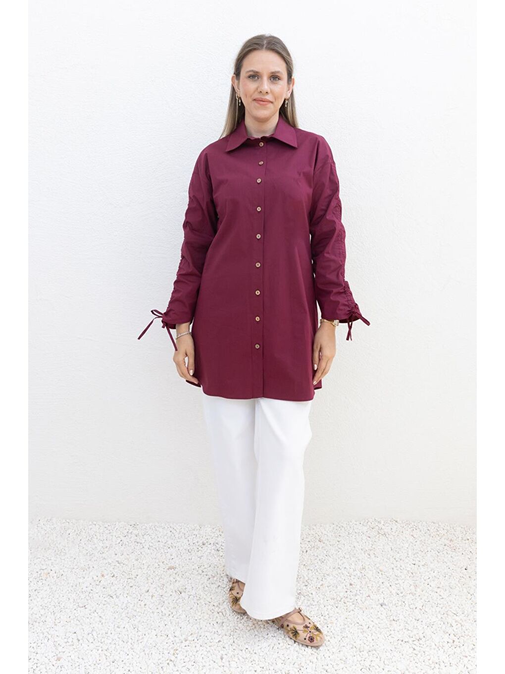 Kırmızı Vişne-Kolu Büzgülü Cepli Gömlek-1