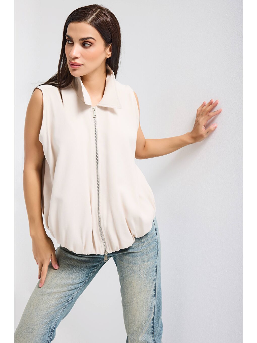 Kadın Bej Renk s6-105 Balon Kesim Fermuarlı Bol Kesim Kumaş Yelek-1