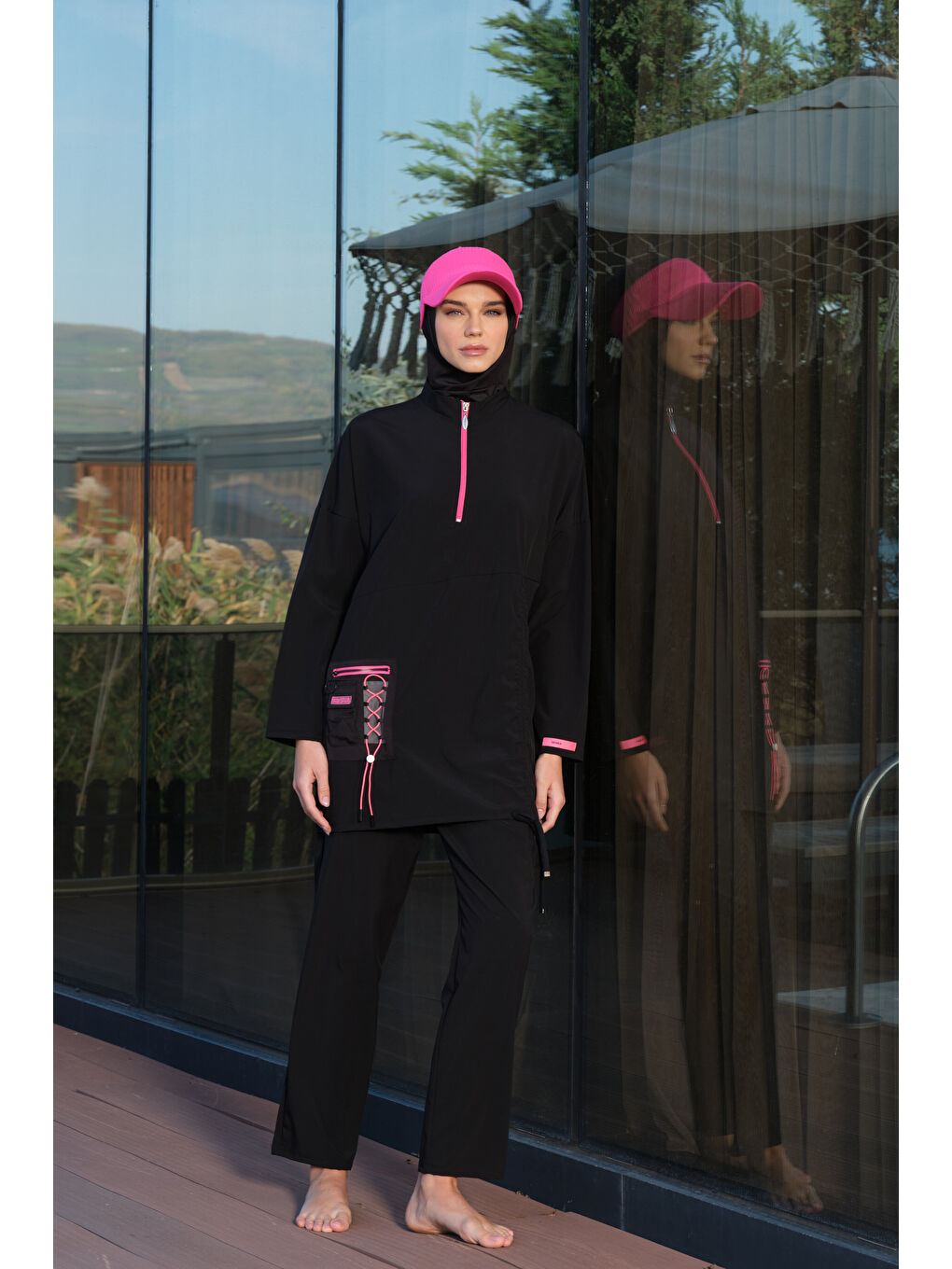 Siyah Kadın Fermuarlı Cepli Kapalı Dik Yaka Hızlı Kuruyan Tesettür Mayo-3