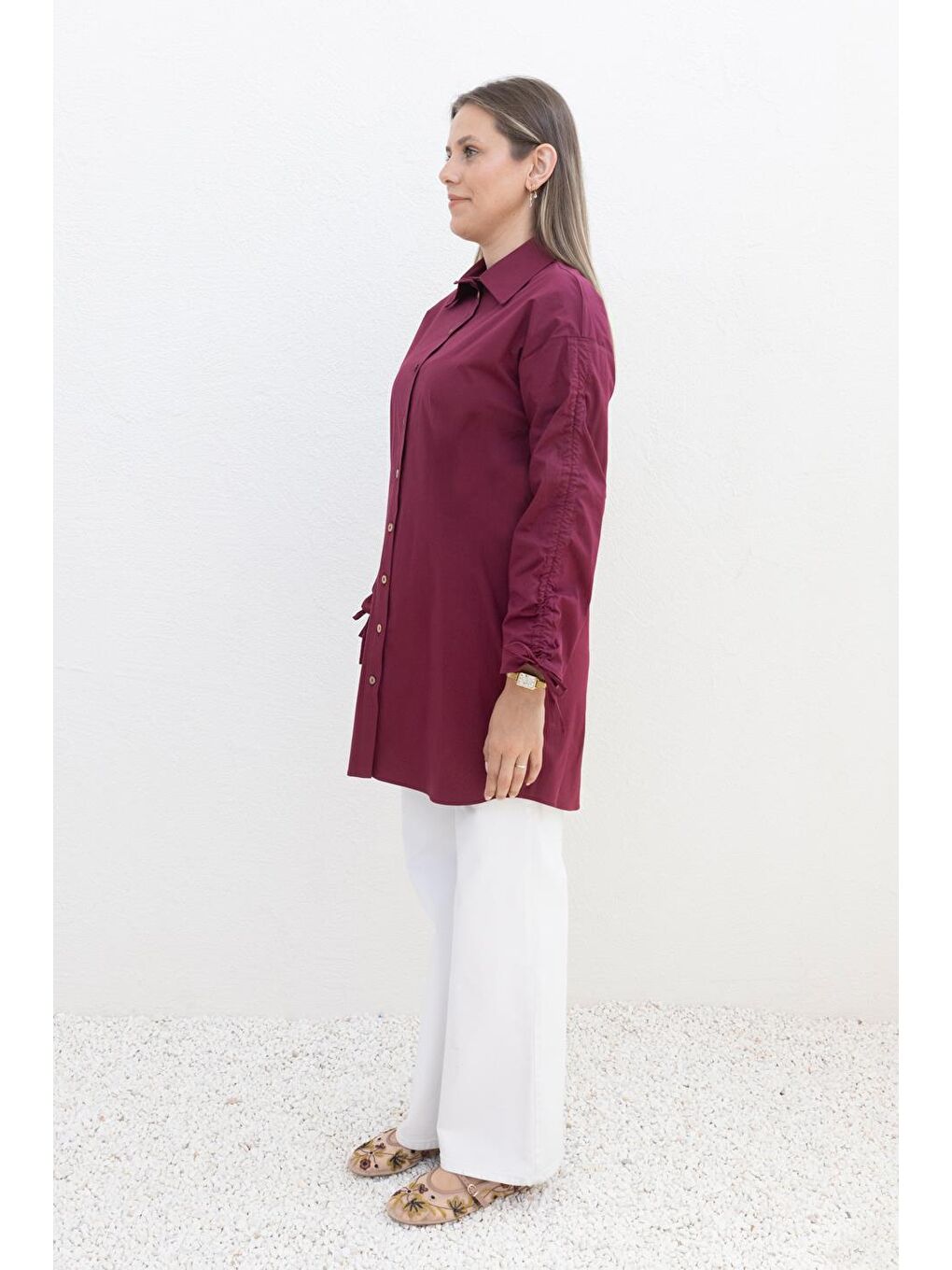 Kırmızı Vişne-Kolu Büzgülü Cepli Gömlek-2