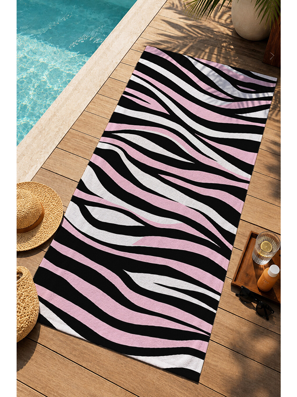 Pop Art Pembe Siyah Zebra Çizgili Desenli 70x150 Plaj Havlusu - Dijital Baskılı Banyo Havlusu-3