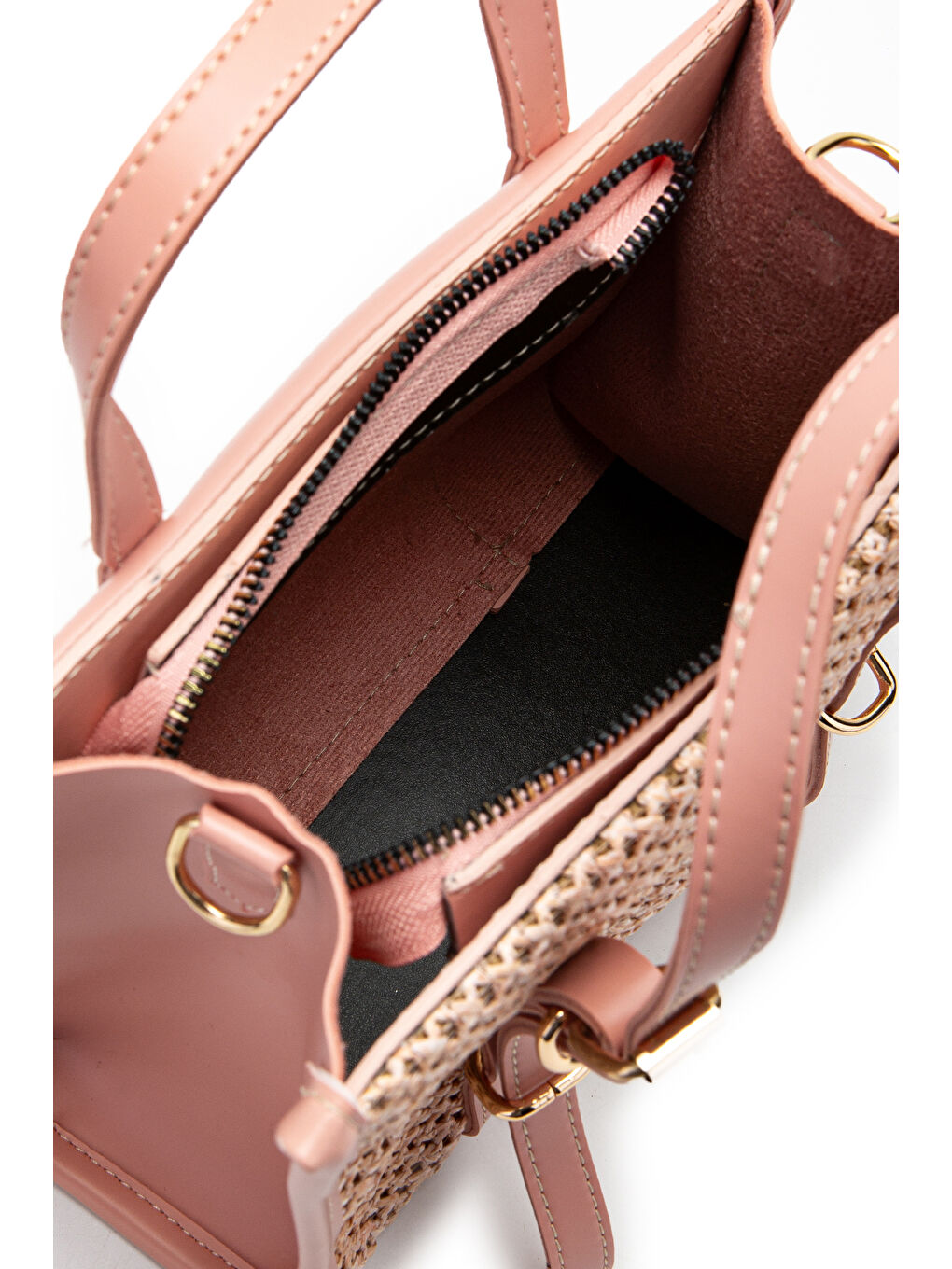 Pembe Kemer Detaylı Hasır Kadın Çapraz Çanta Dimitri Pudra-5
