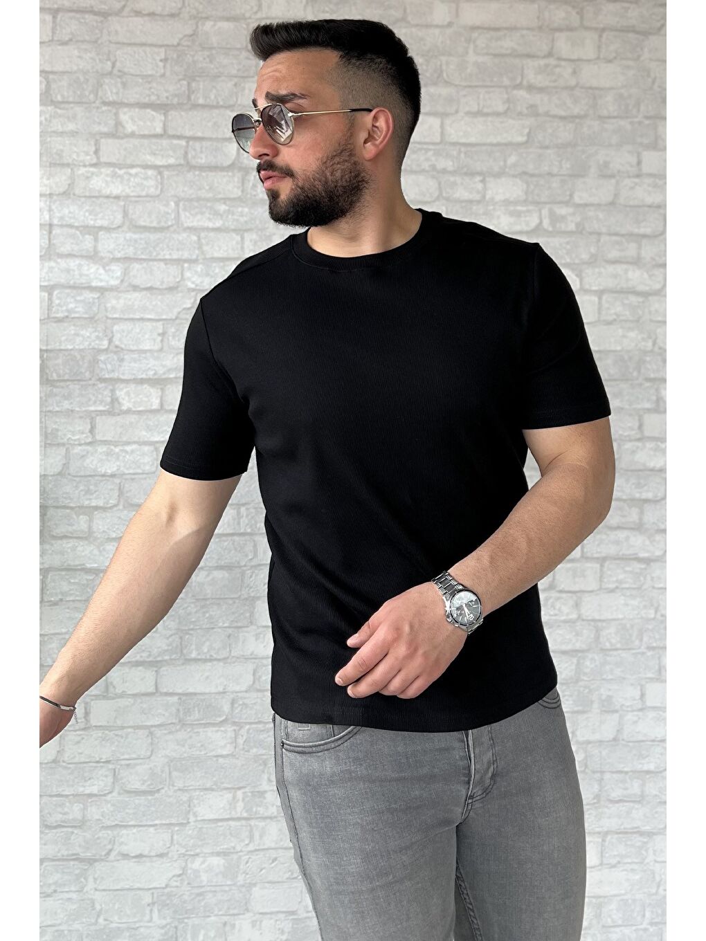 Siyah Erkek Bisiklet Yaka Tişört-1