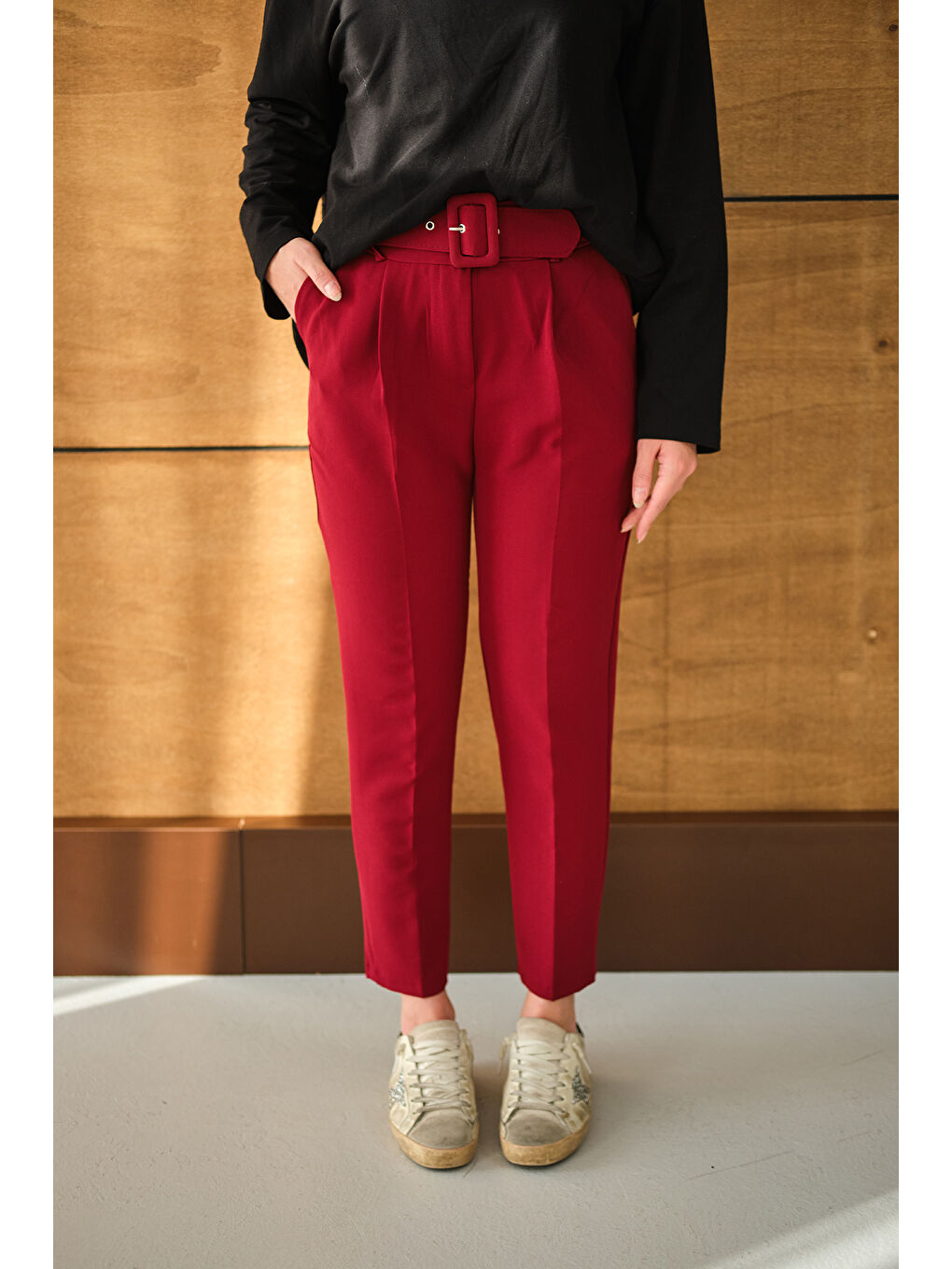 Kadın DUBLE KAPLAMA KEMERLI PANTOLON Bordo-4