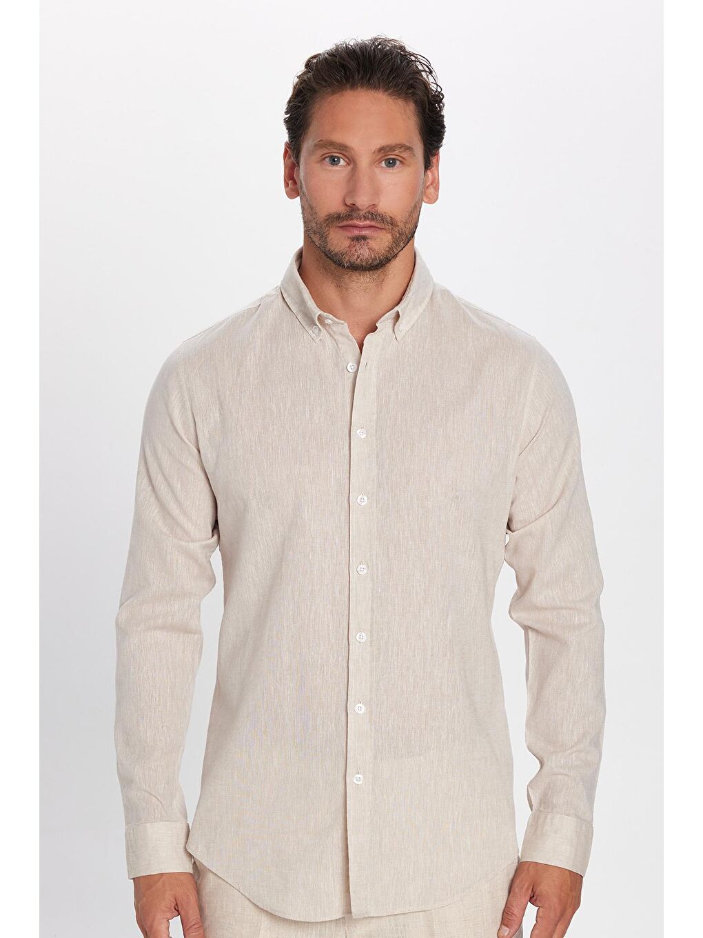 Erkek Slim Fit Dar Kesim Uzun Kollu Keten Premium Seri Düğmeli Yaka Spor Bej Gömlek-1