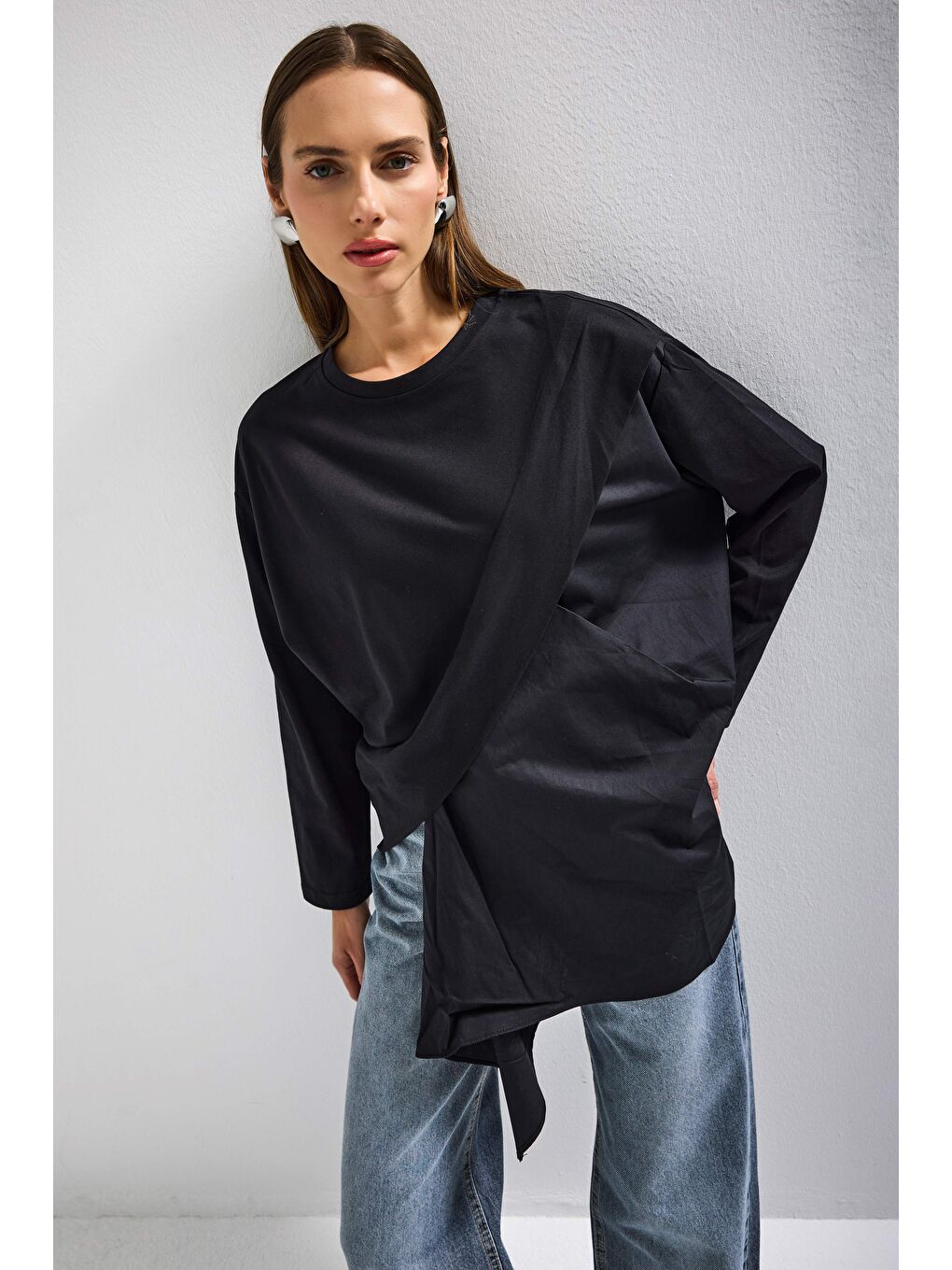 Kadın Siyah w5 Oversize Çift Parça Tasarım Gömlek Sweatshirt-1