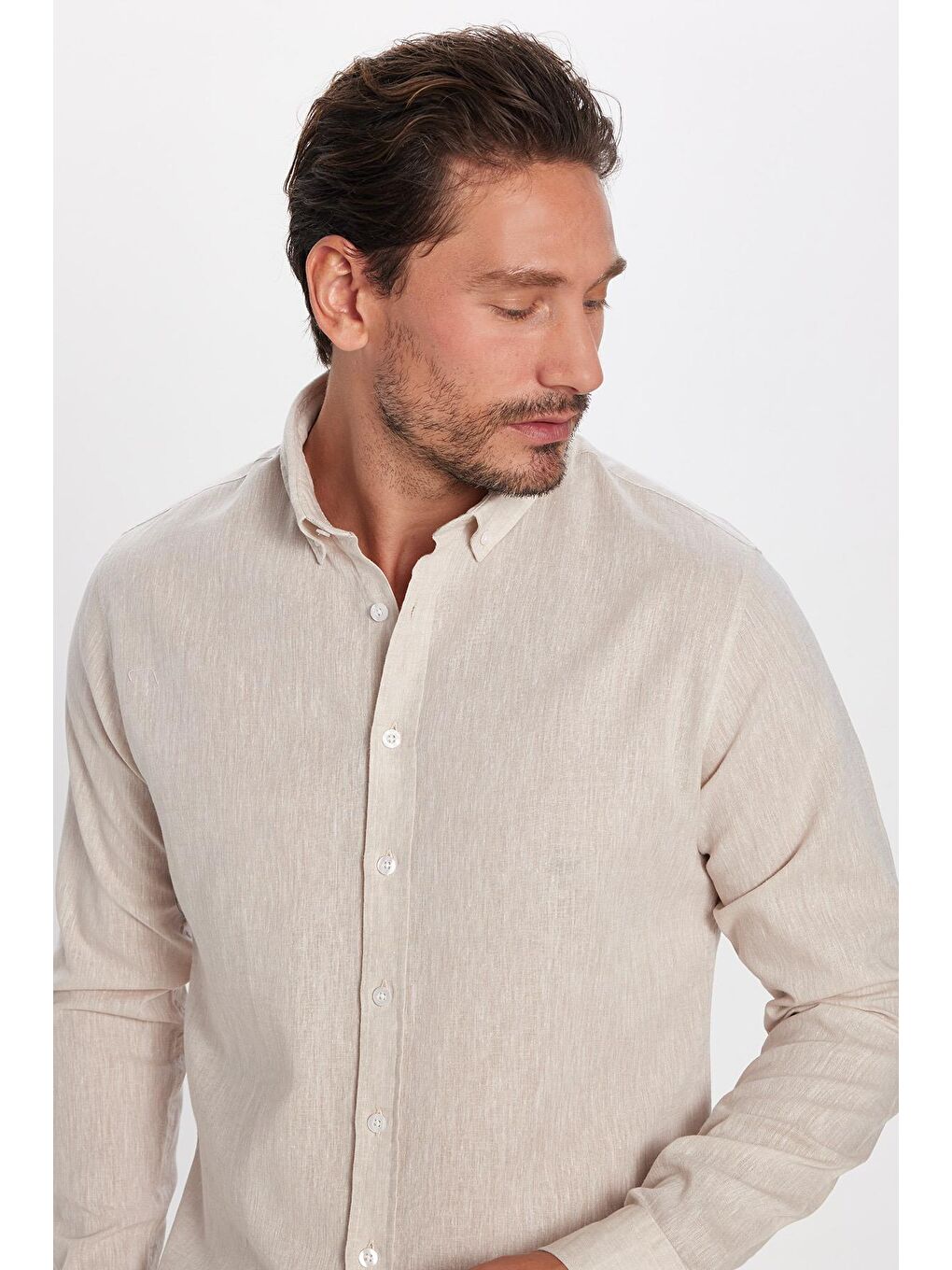 Erkek Slim Fit Dar Kesim Uzun Kollu Keten Premium Seri Düğmeli Yaka Spor Bej Gömlek-2