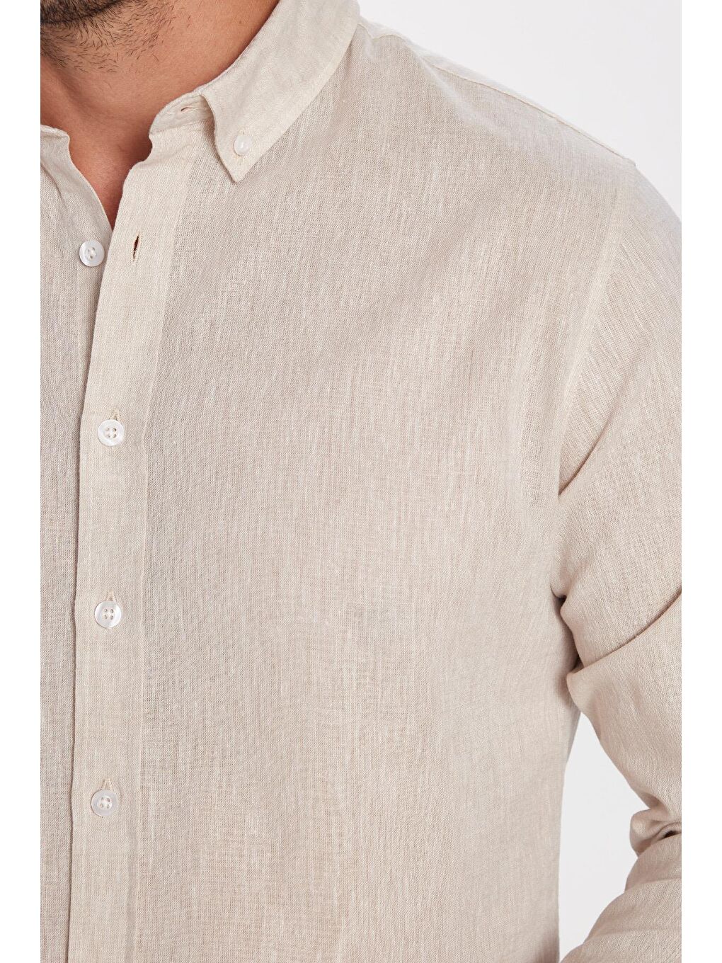 Erkek Slim Fit Dar Kesim Uzun Kollu Keten Premium Seri Düğmeli Yaka Spor Bej Gömlek-3