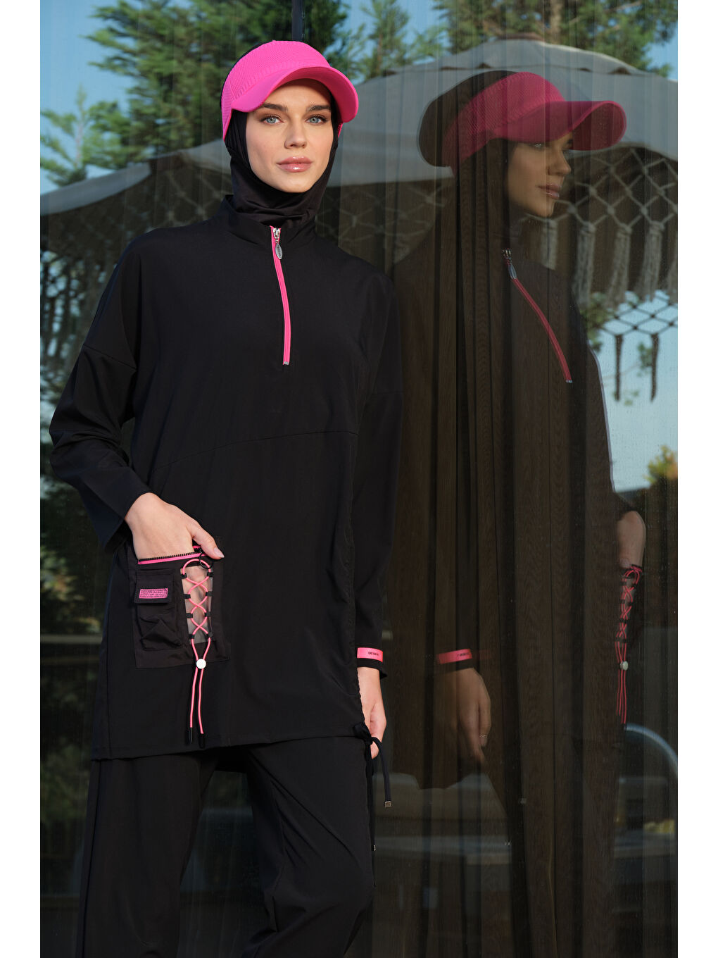 Siyah Kadın Fermuarlı Cepli Kapalı Dik Yaka Hızlı Kuruyan Tesettür Mayo-5