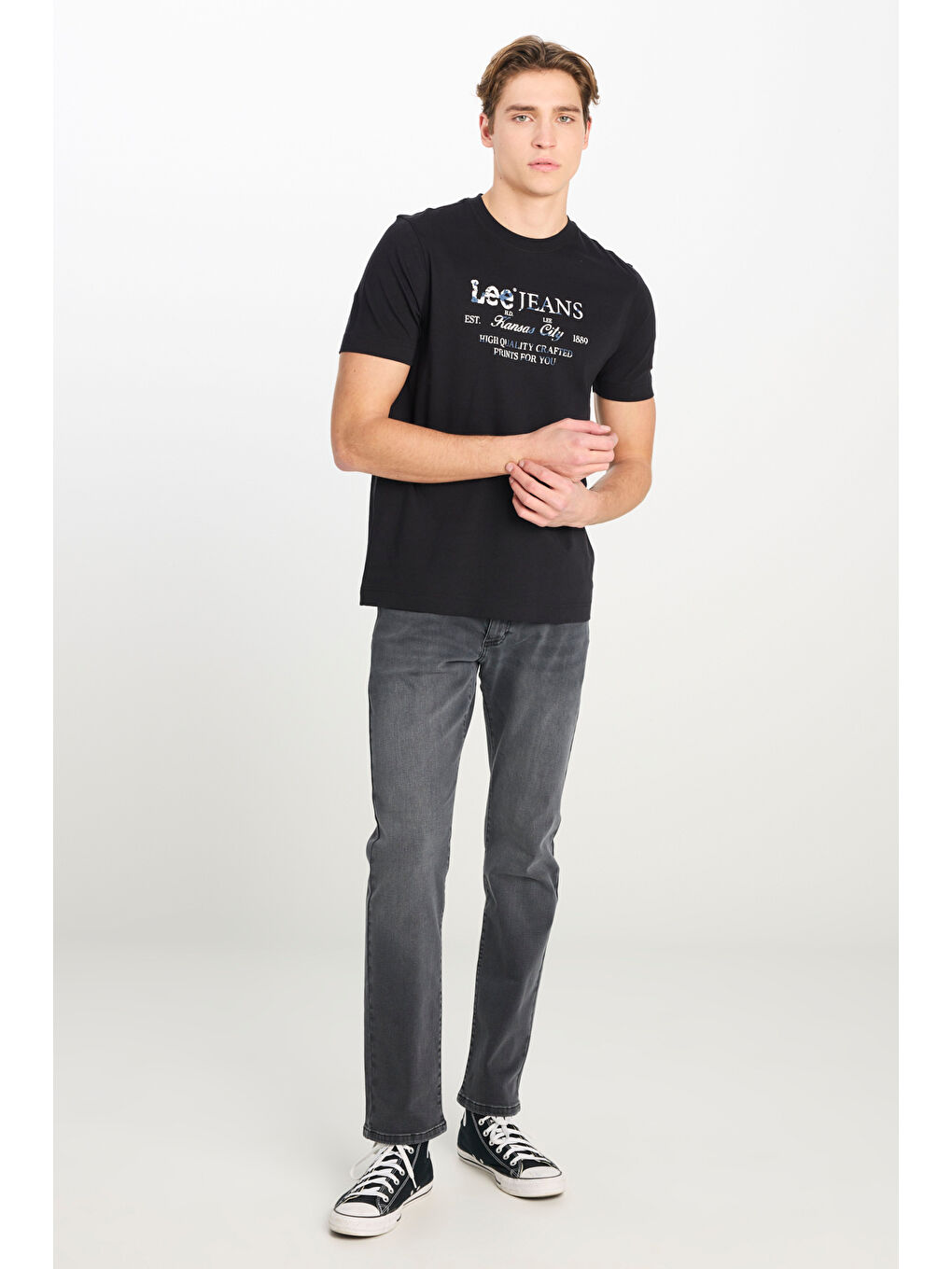 %100 Pamuk Regular Fit Normal Kesim Bisiklet Yaka Grafik Baskılı Siyah Tişört-2