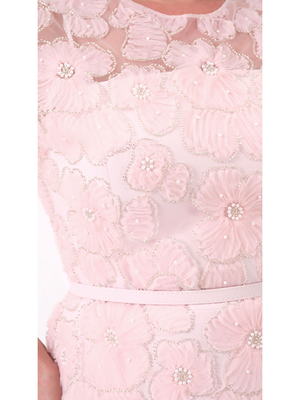 Pembe Kadın Pudra Dantelli Midi Abiye Elbise-3