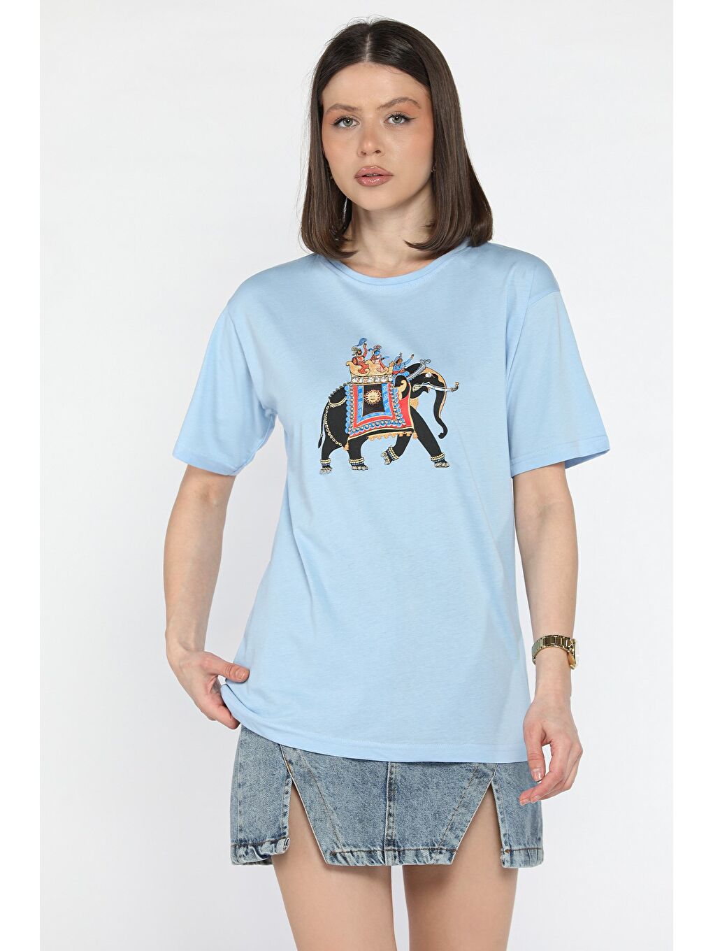 Mavi Baskılı Taşlı Kadın Tişört-1