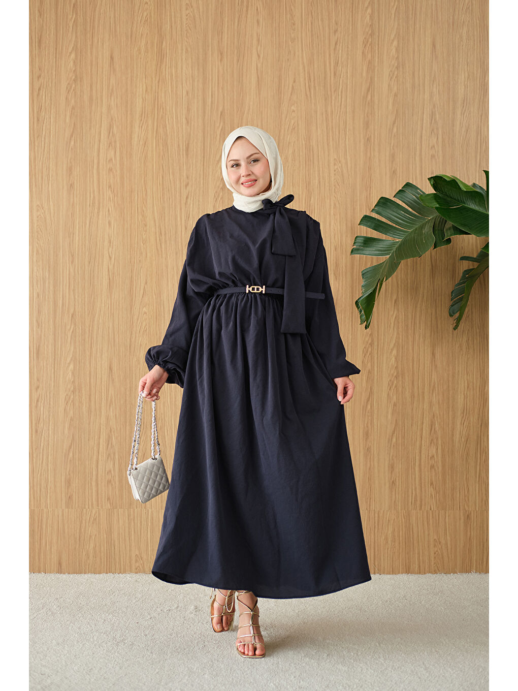 Kadın Boyun Bağlamalı Kemerli Elbise Lacivert-2