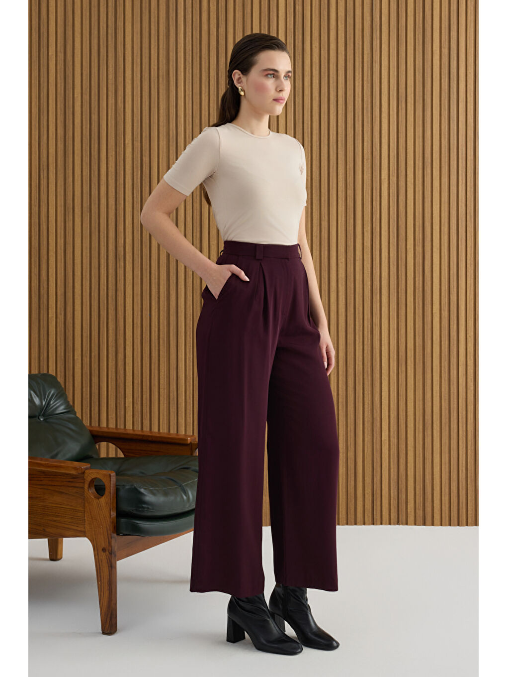 Bordo Rayon Viscon Pantolon-3