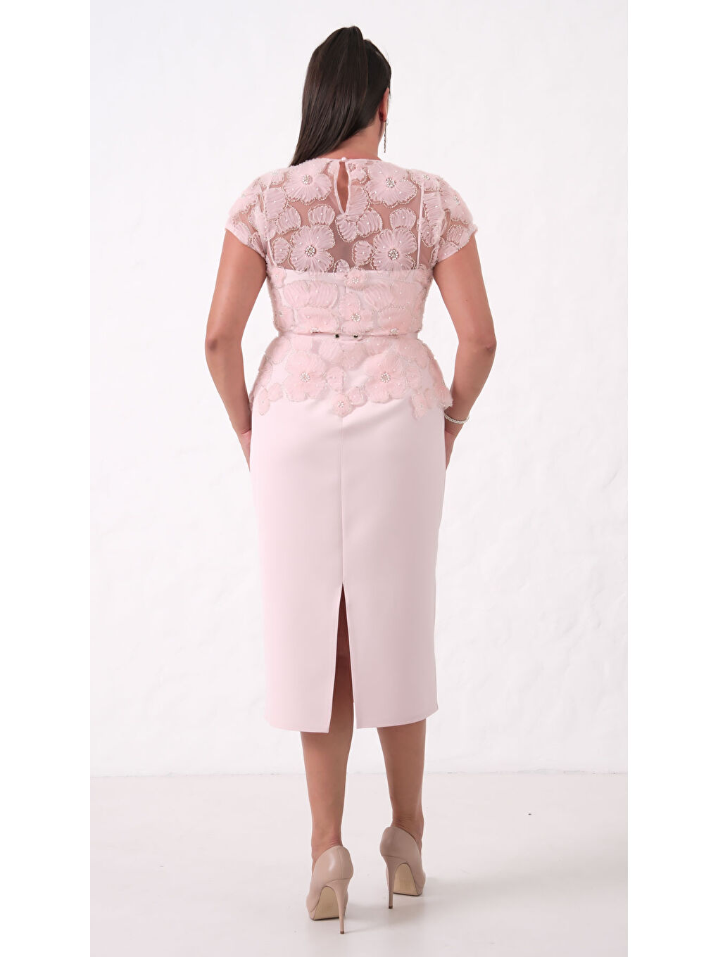 Pembe Kadın Pudra Dantelli Midi Abiye Elbise-4