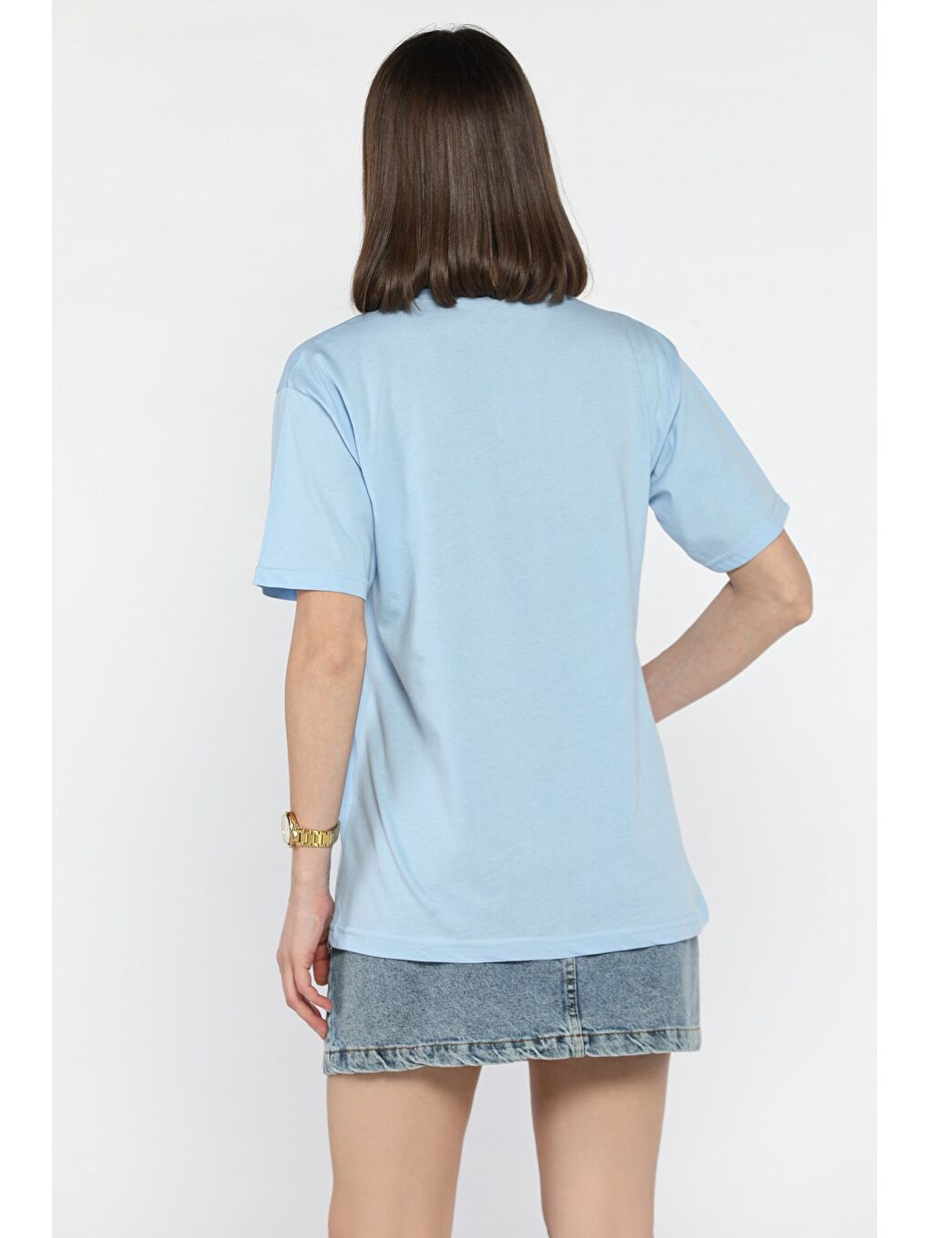 Mavi Baskılı Taşlı Kadın Tişört-2