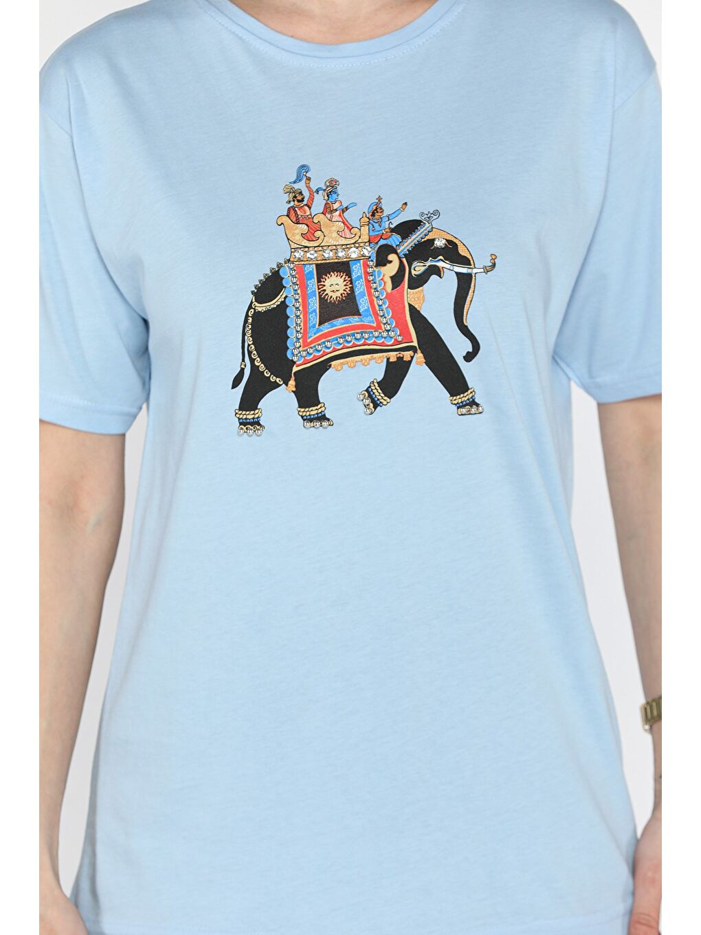 Mavi Baskılı Taşlı Kadın Tişört-3