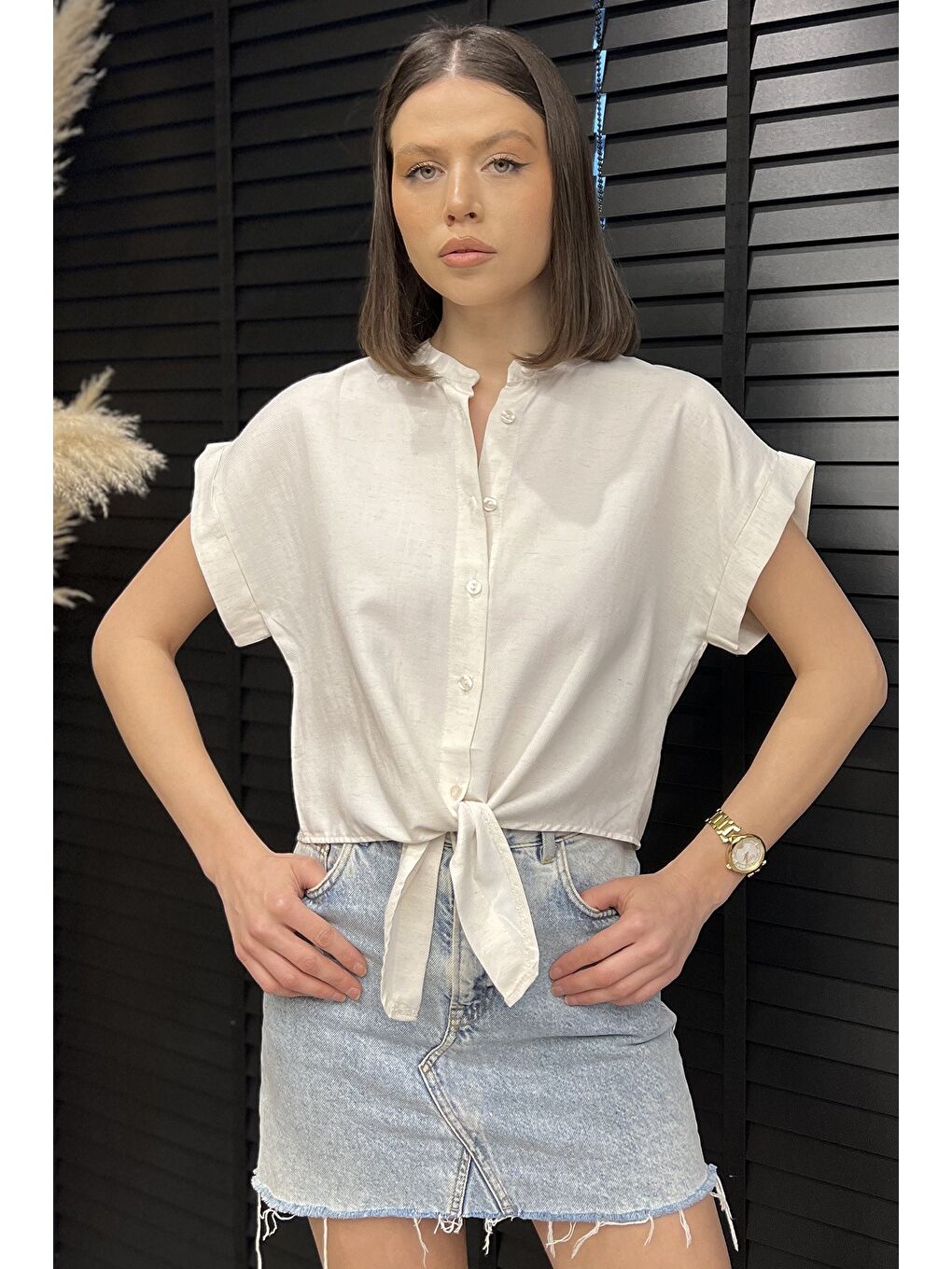 Bej Kadın Ön Bağlamalı Duble Kol Keten Gömlek-1