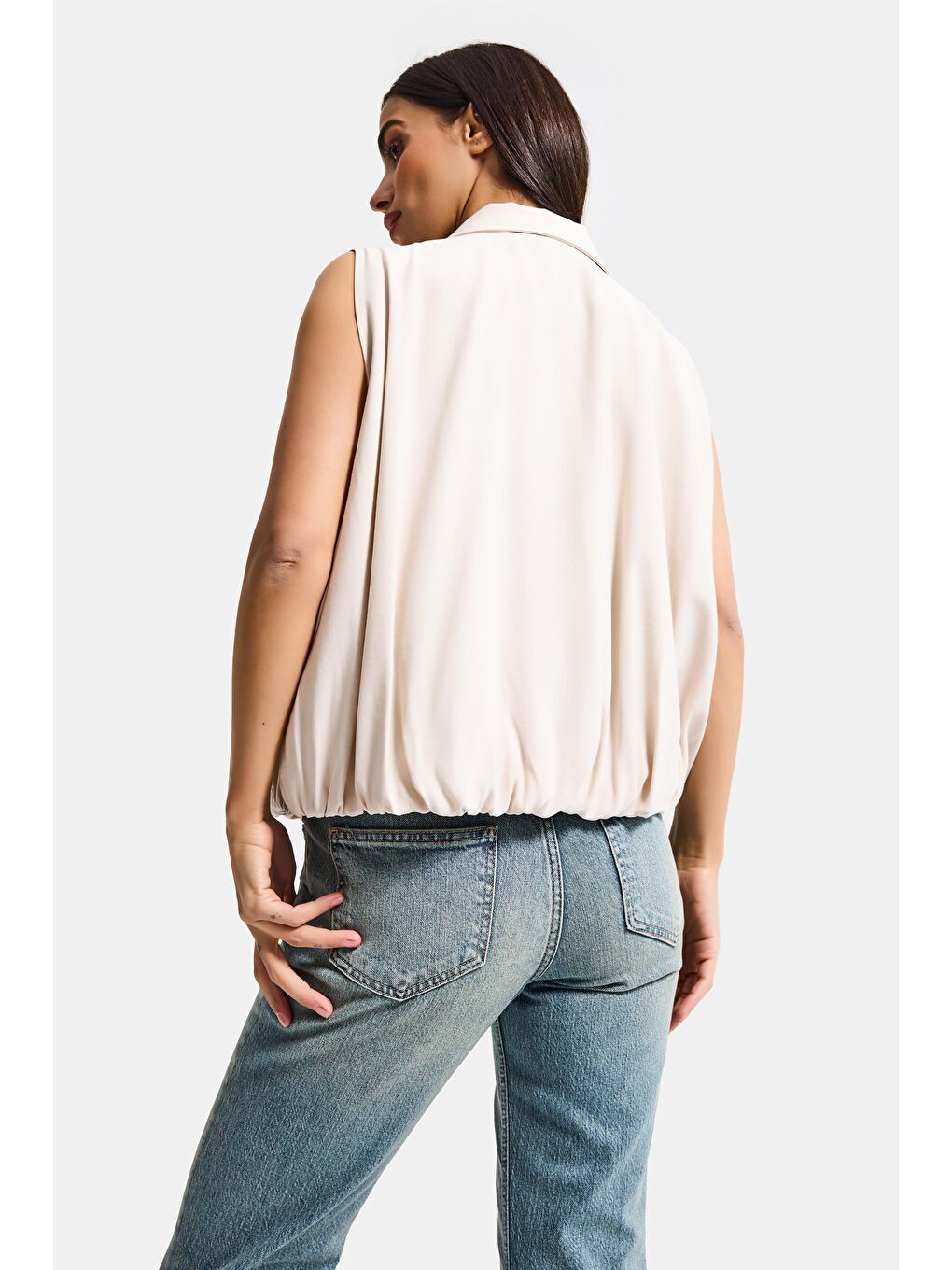 Kadın Bej Renk s6-105 Balon Kesim Fermuarlı Bol Kesim Kumaş Yelek-3