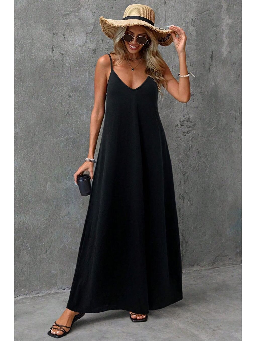 Siyah İp Askılı Dokuma Kumaş Maxi Elbise-2