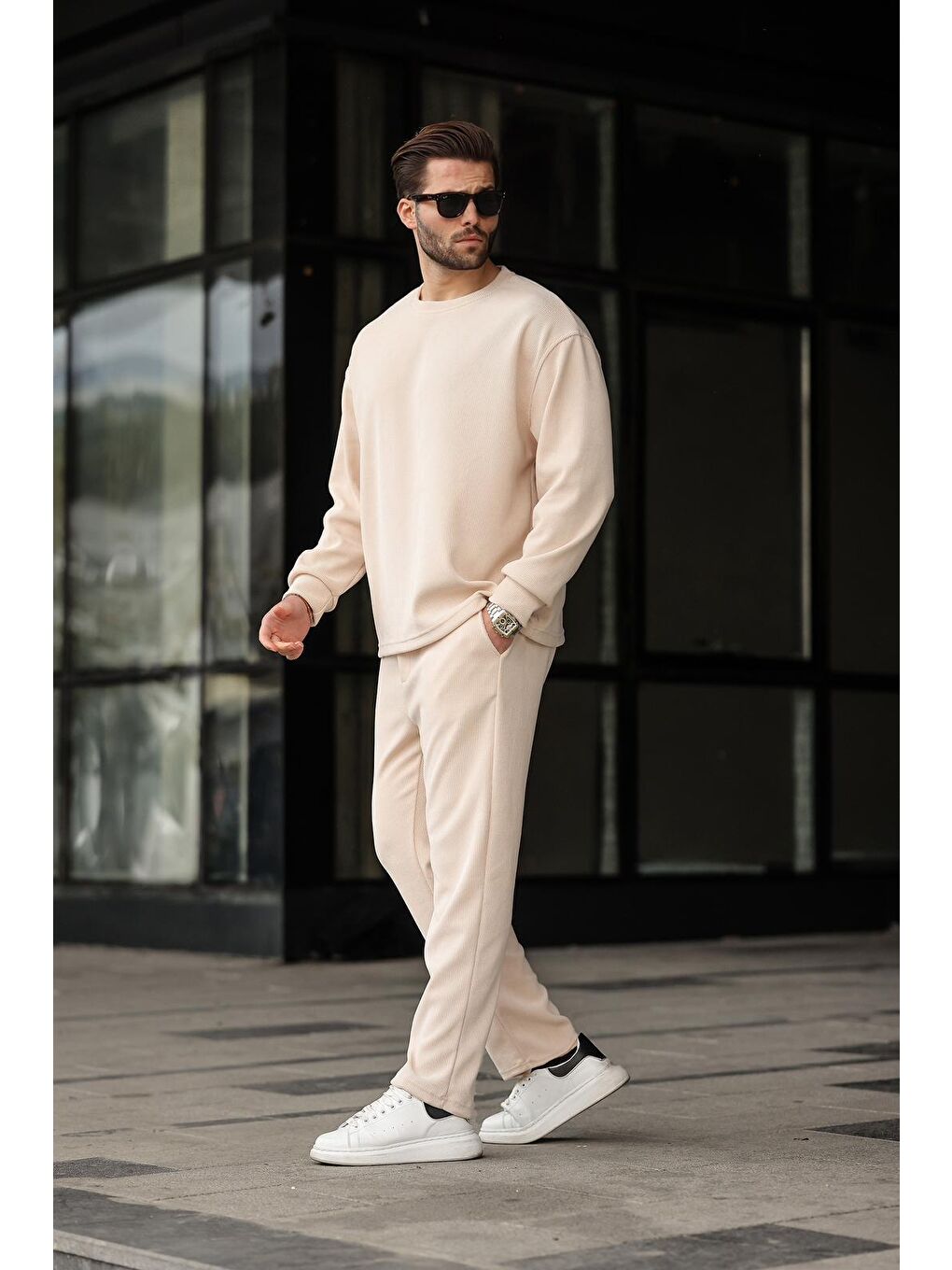 Bej Bisiklet Yaka Erkek Kadife Takım E7337-1