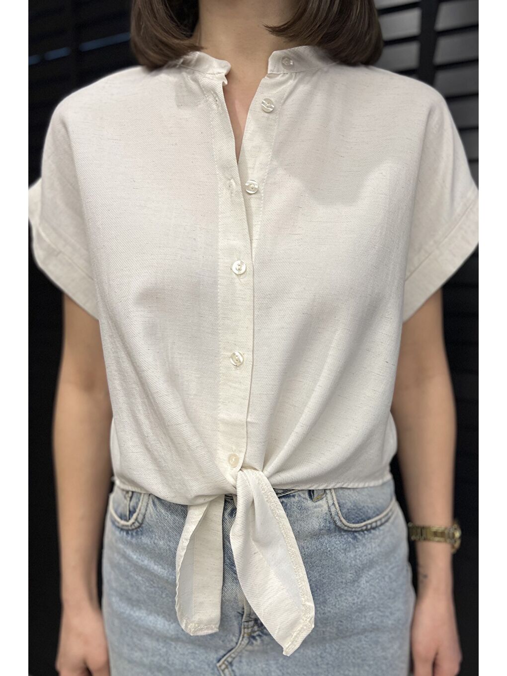 Bej Kadın Ön Bağlamalı Duble Kol Keten Gömlek-2