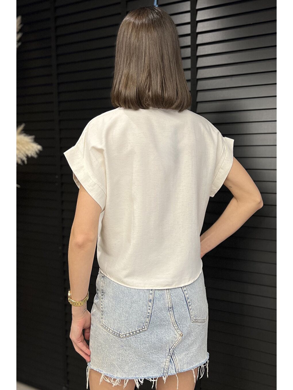 Bej Kadın Ön Bağlamalı Duble Kol Keten Gömlek-3