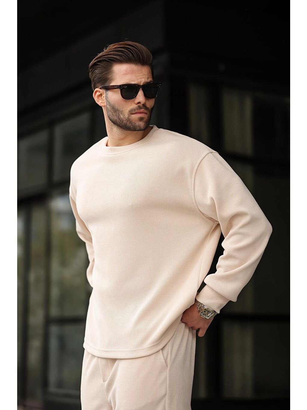 Bej Bisiklet Yaka Erkek Kadife Takım E7337-2