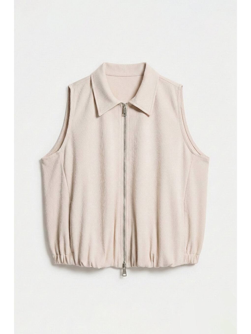 Kadın Bej Renk s6-105 Balon Kesim Fermuarlı Bol Kesim Kumaş Yelek-4