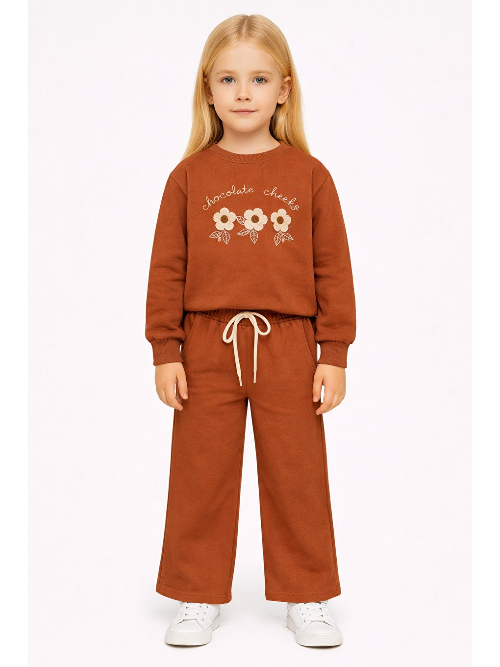 Kahverengi Bisiklet Yaka Papatya Nakışlı Tarçın Rengi Kız Çocuk Eşofman Takım
