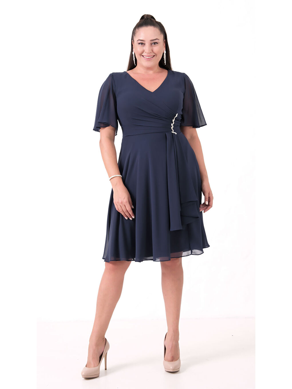 Kadın Lacivert V Yaka Taşlı Büyük Beden Şifon Abiye Elbise-2