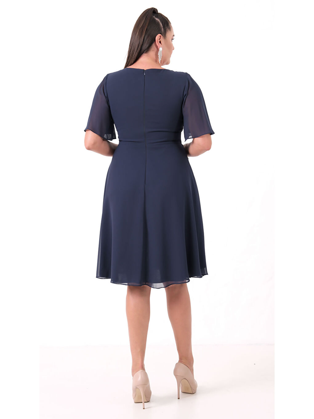 Kadın Lacivert V Yaka Taşlı Büyük Beden Şifon Abiye Elbise-4