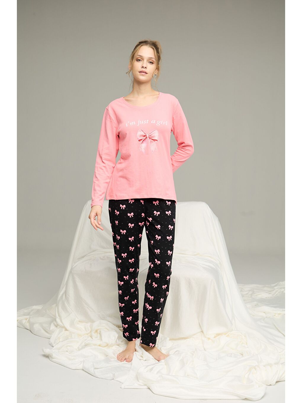 Pembe Somon Kurdele Desenli Pamuklu Bisiklet Yaka Örme Pijama Takım25241132