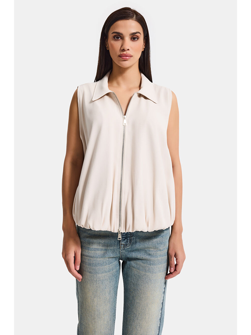 Kadın Bej Renk s6-105 Balon Kesim Fermuarlı Bol Kesim Kumaş Yelek-6