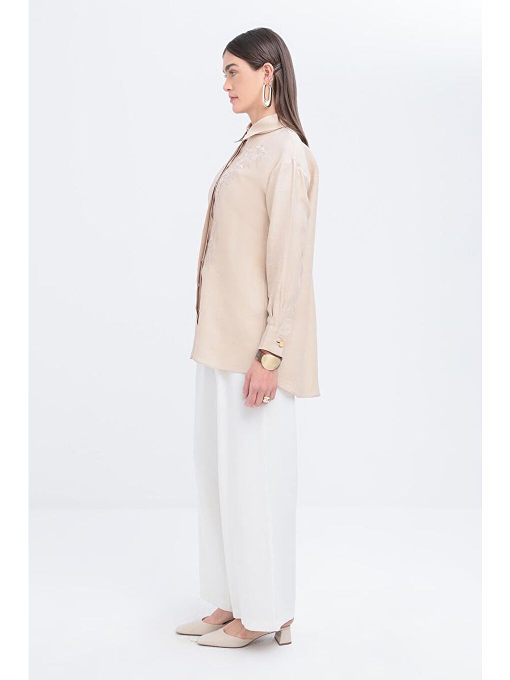 Bej-Nakışlı Keten Gömlek-2