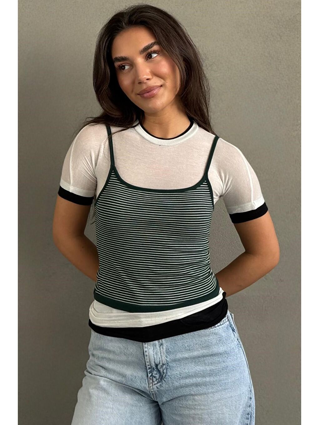 Yeşil Çizgili İkili Görünümlü Kadın Tişört Mg2699-1