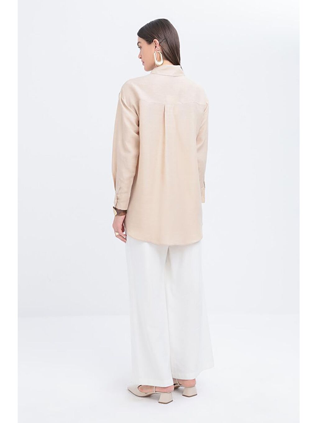 Bej-Nakışlı Keten Gömlek-3